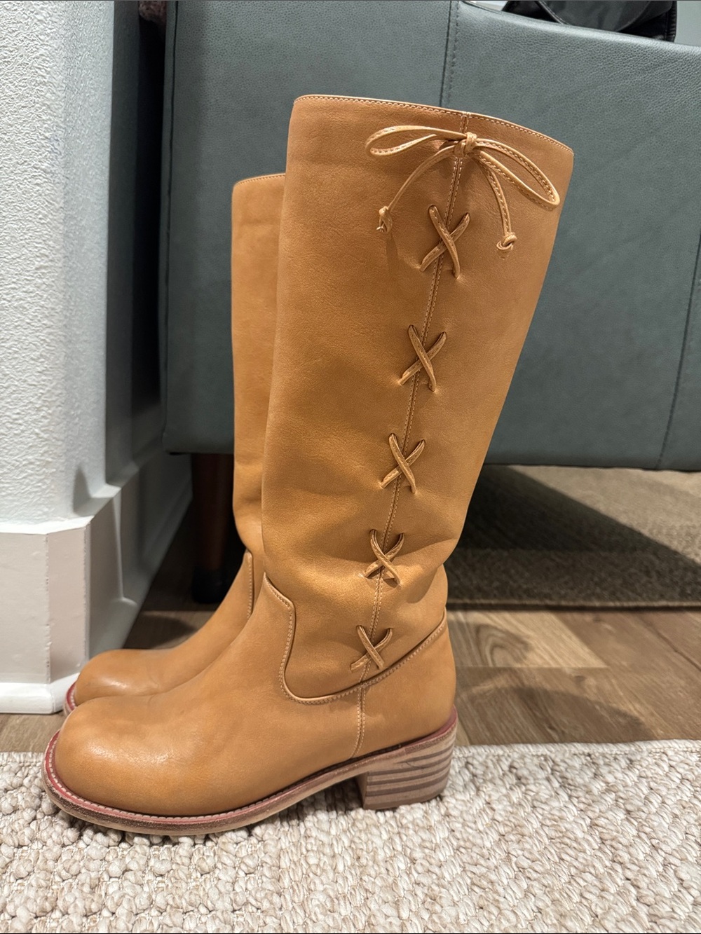 Frye Inspired Lace-Bow Leather Boots in Tan